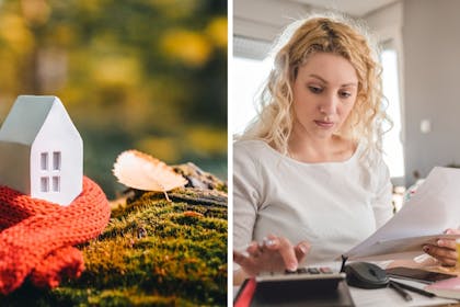 Left: a model house in a autumnal setting with a red scarf wrapped round itRight: A woman uses a calculator at a desk alongside a baby