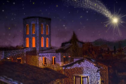 Bethlehem town at night, with the Christmas star comet. 