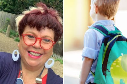 Left: Woman in glassesRight: boy with rucksack on shoulders