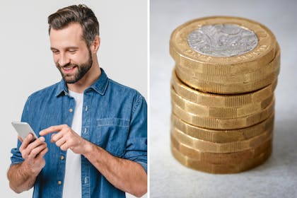 man on phone/pound coins