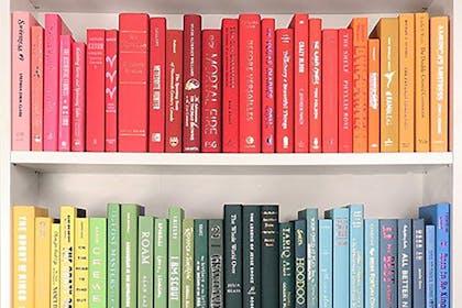 Books arranged on shelves by colour