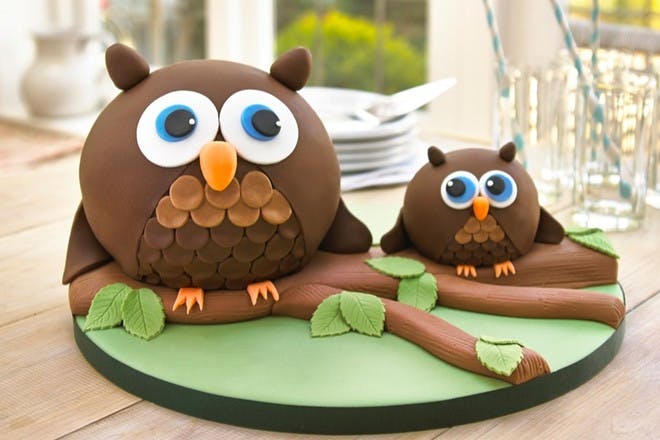 Two cakes in the shape of an adult and baby owl