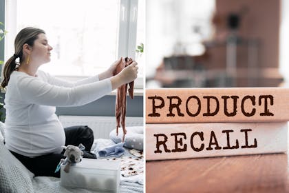 Pregnant woman sorting baby clothes / product recall sign