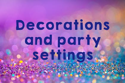Glitter sign saying 'decorations and party settings'
