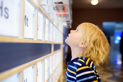 little boy looking up at museum exhibit