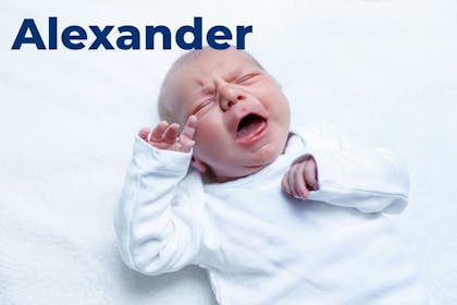 Crying baby with name Alexander written in text