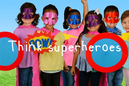 Kids dressed as superheroes with text: Think superheroes