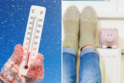 Thermometer / woman rests legs on radiator