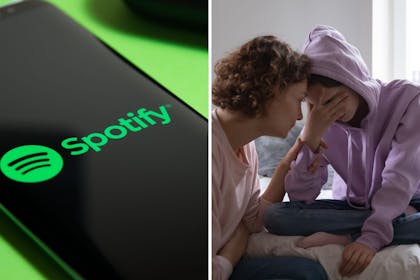 Spotify logo and a mum comforts a girl