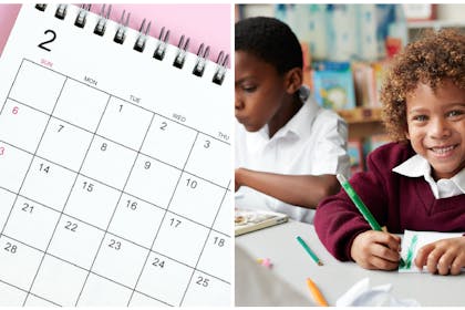 Wire ringed calendar on pink background | Primary school boy at desk with pen and paper