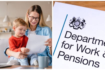 Left: mum and little boy look at letter while sitting on a sofa in front of a laptop Right: Letterheaded paper from the DWP