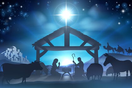 Blue tone cartoon of a Nativity scene