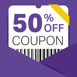 50% off coupon graphic coming out of purple envelope