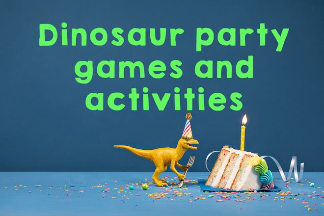 Picture of dinosaur eating birthday cake, copy says 'dinosaur party games and activities'
