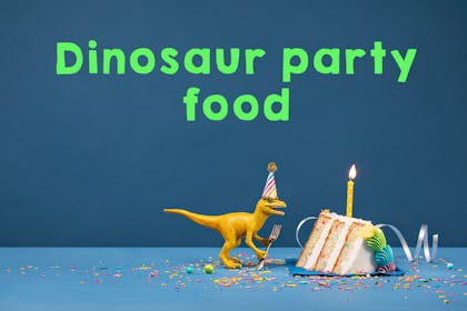 Picture of dinosaur eating birthday cake, copy says 'dinosaur party food'