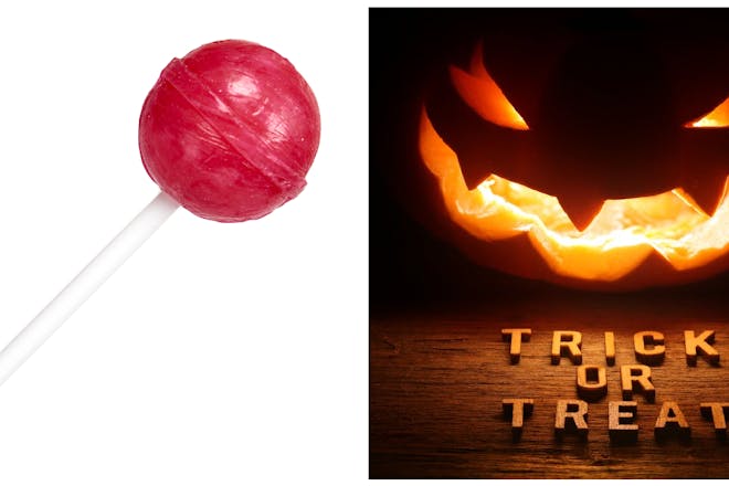 A lollipop appears alongside a carved pumpkin with trick or treat spelled out beneath it 