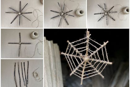 Cobweb decorations made from string and twigs