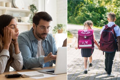 Couple looking frustrated at laptop / primary school kids in uniform 