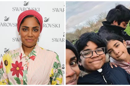 Left Nadiya Hussein at a formal event, right Nadiya and her three children posing for a selfie
