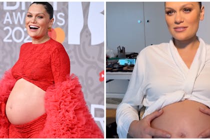 Jessie J in red outfit showing bump on Brit awards carpet | Jessie J sits down cradling baby bump