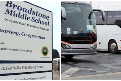Left: sign outside Broadstone Middle School, DorsetRight: Coaches in a car park 