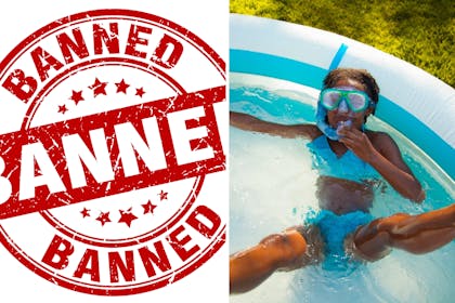 ban sign and girl in paddling pool