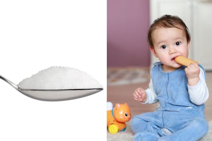 Left: Spoon full of sugarRight: baby eating snack