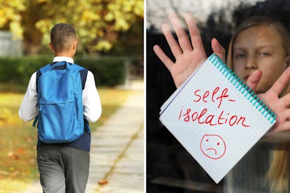 boy walking on his own/ child holding up self-isolation sign