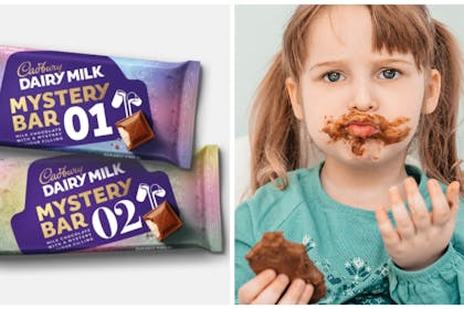 Left: Cadbury's mystery barsRight: little girl with a chocolate covered face 