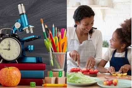 Left: school desk with pen pot, microscope, apple and clockRight: Woman teaching girl to chop veg