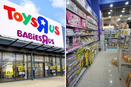 left: Toys R Us shop exteriorRight: Toys R Us shop inside aisle