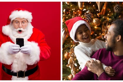 Santa on phone / excited dad and son at Christmas