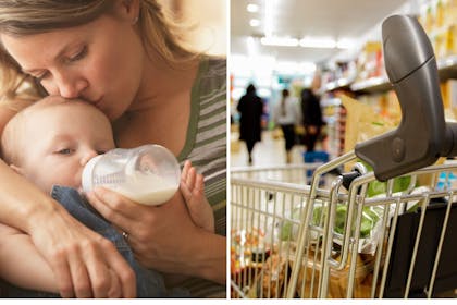 Woman feeding baby milk