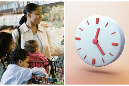 Mum and kids shopping; clock