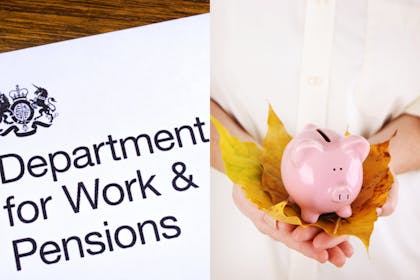 DWP logo and person holding piggy bank and autumn leaves