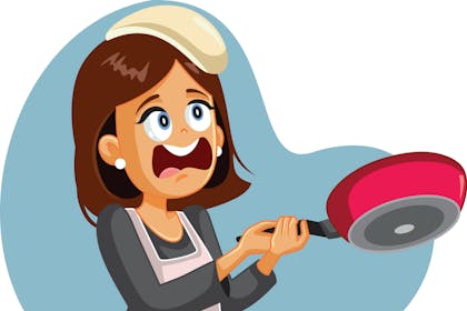 Cartoon of woman flipping pancake onto her head