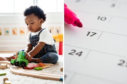 child playing with toys and calendar