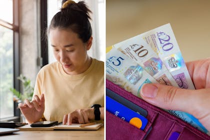 woman looking at calculator / money in purse