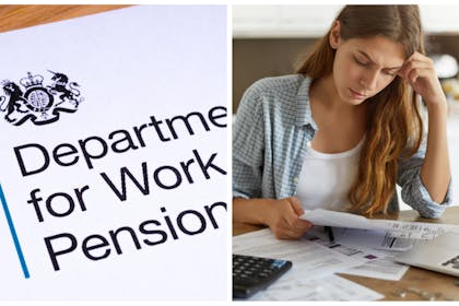 Left: DWP letter headRight: Woman looks worried at table with bills, calculator and laptop