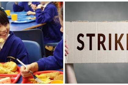 Girl eating school lunch | Strike sign