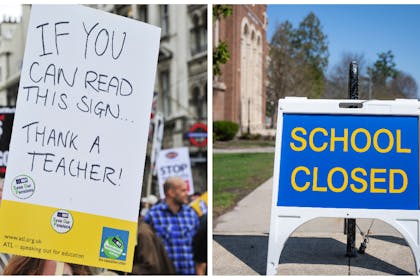 Left: a teachers' strikeRight: school closed sign