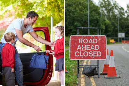 Left: Dad and kids in school uniformRight: Road ahead closed sign
