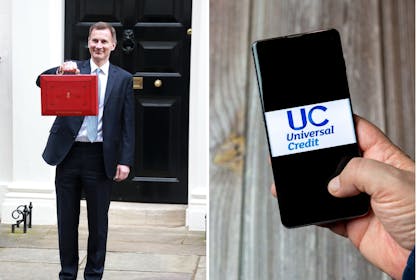 Left: Jeremy Hunt outside 11 Downing StreetRight: Universal Credit logo on a mobile phone