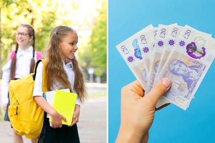 Child in school uniform/ hand holding £20 notes