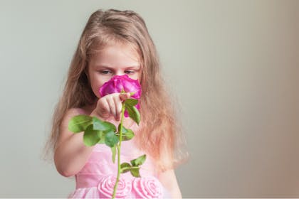 Girl dressed in pink dress holds rose