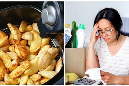 Left: an air fryer full of freshly cooked chipsRight: a woman looks worried over her shopping bill