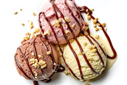 Strawberry, chocolate and vanilla ice cream