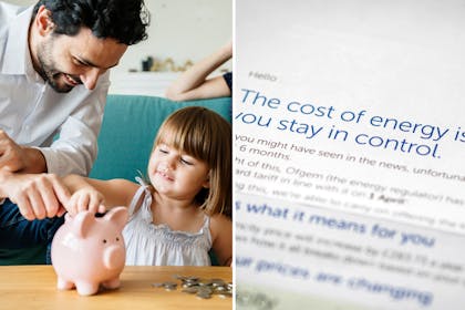 Dad and daughter with piggy bank and energy bill