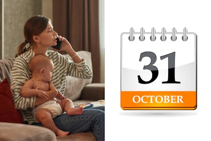 Mum and baby on phone / 31 October on calendar