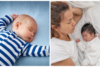 L: baby in a striped babygro asleepR: a newborn sleep with mum 